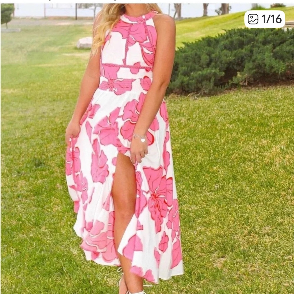 Anthropologie ABEL THE LABEL Pink Paloma Halter Maxi Dress L